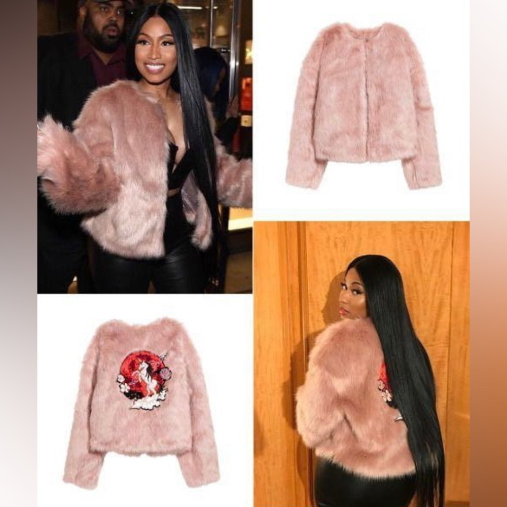 Nicki Minaj x H&M Womens Jacket Pink Faux Fur Size 6